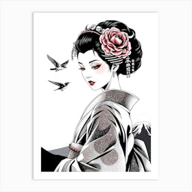 Geisha And Birds Art Print