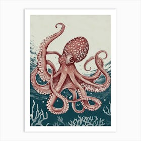 Red & Navy Octopus Linocut Inspired In The Ocean 4 Art Print