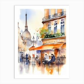 Paris city, passersby, cafes, apricot atmosphere, watercolors.11 Art Print