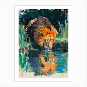 Masai Lion Drinking From A Watering Hole Fauvist Painting 1 Art Print