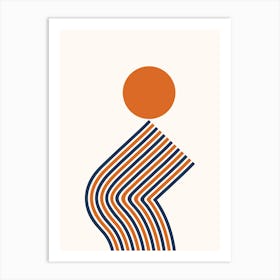 Geometric Lines Sun Rainbow Balance Playful Abstract in Navy Blue Burnt Orange scheme Art Print