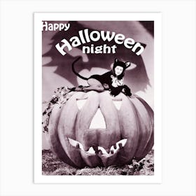 Happy Halloween Night, Pinup Cat Girl On A Big Pumpkin Art Print