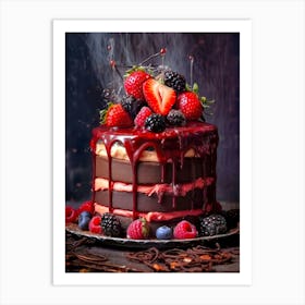 Chocolate Cake With Berries sweet food Art Print