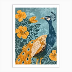 Blue Mustard Peacock With Tropical Flowers Linocut Inspired 3 Art Print