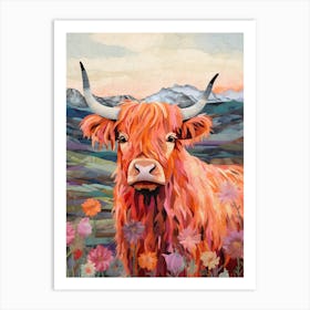 Floral Textured Patchwork Illustration Of Highland Cow Art Print