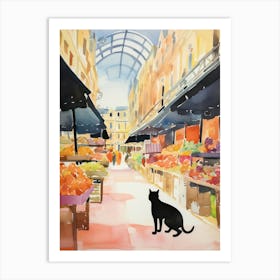 Food Market With Cats In Lyon 2 Watercolour Art Print