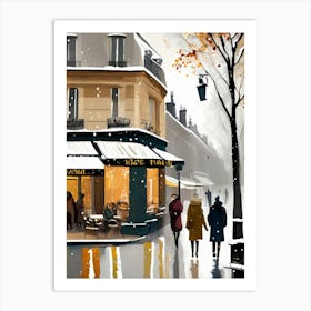 Paris cafes, winter season, Christmas, autumn oil colors, pale colors, pedestrians in the street, winter clothes, falling snow.Christmas decorations.11 2 Art Print