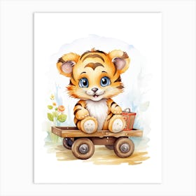 Baby Tiger On A Toy Car, Watercolour Nursery 4 Art Print
