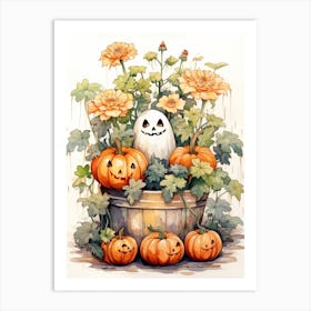 Cute Bedsheet Ghost, Botanical Halloween Watercolour 34 Art Print