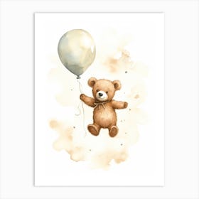 Baby Bear Flying With Ballons, Watercolour Nursery Art 2 Art Print