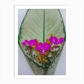 Object Green Leaf With Pink Flowers Photoline, Man made not Ai Art Print