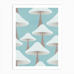 Minimal Retro Mushrooms Pastel Blue Art Print