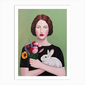Woman With Rabbit And Flowers Art Print