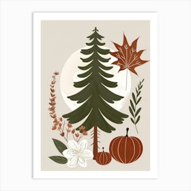 Autumn Leaves And Pine Tree Art Print