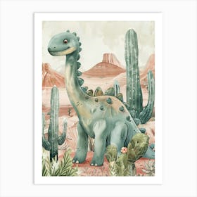 Dinosaur In The Desert With Cactus Storybook Watercolour 3 Art Print