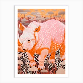 Linocut Inspired Pink Orange & Yellow Rhino  3 Art Print