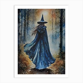 Midnight Witch at Dusk on a Full Moon - Watercolor Witchy Art for Witchcraft Feature Wall - Wicca Pagan Fairytale Goth Dark Aesthetic Lunar Goddess Magick Walking Through the Woods at Night HD Art Print