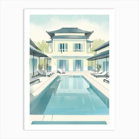Asian House With Pool blue Art Print