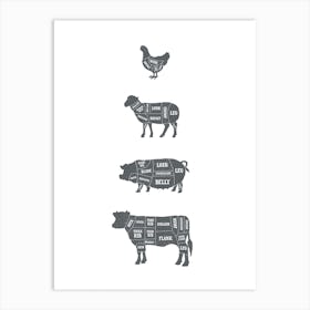 Butcher Meat Cuts White Art Print