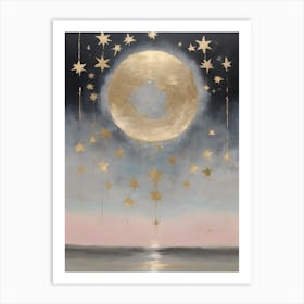 Wabi Sabi Dreams Collection 1 - Japanese Minimalism Abstract Moon Stars Mountains and Trees in Pale Neutral Pastels And Gold Leaf - Soul Scapes Nursery Baby Child or Meditation Room Tranquil Paintings For Serenity and Calm in Your Home Art Print