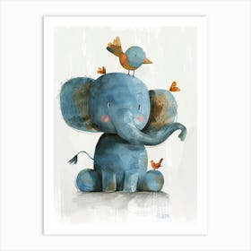 Small Joyful Elephant With A Bird On Its Head 10 Art Print