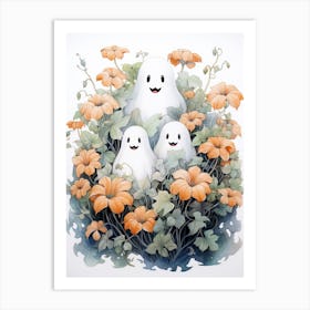 Cute Bedsheet Ghost, Botanical Halloween Watercolour 43 Art Print