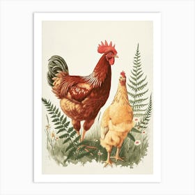 Vintage Illustration Hen And Chicken Fern 1 Art Print