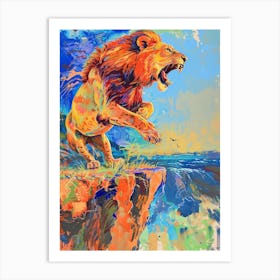 Southwest African Lion Roaring On A Cliff Fauvist Painting 2 Art Print