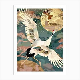 White Cranes Painting Gold Blue Effect Collage 3 Art Print