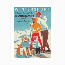 Family Enjoying Snow Skiing Vintage Poster Art Print