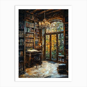 Cozy Vintage Library With Wooden Bookshelves And Autumn View – Tranquil Reading Nook Art Print Art Print