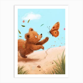 Brown Bear Cub Chasing After A Butterfly Storybook Illustration 3 Art Print