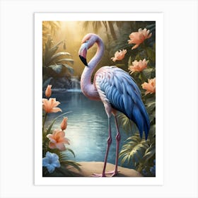 Floral Blue Flamingo Painting (23) Art Print