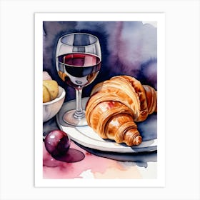 Croissant and Wine watercolor painting 16 Art Print