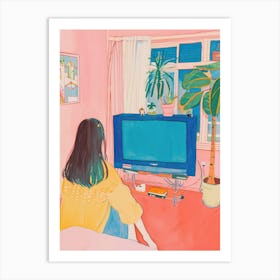 Girl Watching Tv Lo Fi Kawaii Illustration 2 Art Print