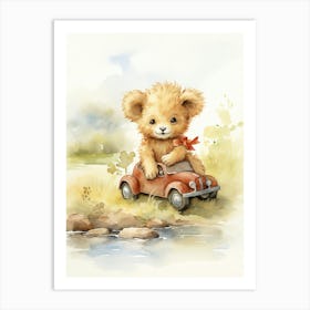 Playing With Toy Car Watercolour Lion Art Painting 4 Art Print