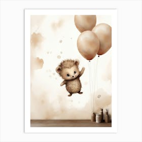 Baby Hedgehog Flying With Ballons, Watercolour Nursery Art 1 Art Print