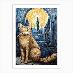 Mosaic Cat At Night With A Medieval City In The Distance Art Print