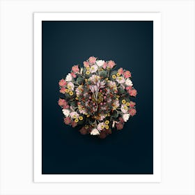 Vintage Autumn Crocus Floral Wreath on Teal Blue n.0609 Art Print