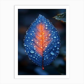 Blue Leaf With Water Droplets 6 Art Print