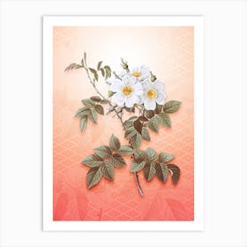 White Rosebush Vintage Botanical in Peach Fuzz Hishi Diamond Pattern n.0184 Art Print