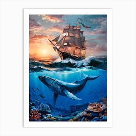 Sailing Ship with Underwater World. Oil Painting #1 Art Print