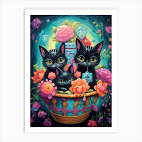 Black Kittens In A Basket Kitsch 2 Art Print