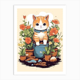 Kawaii Cat Drawings Gardening 5 Art Print