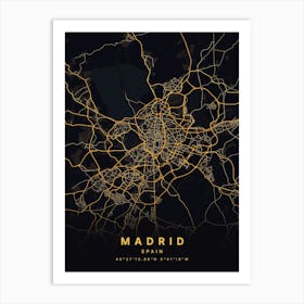 Madrid Spain Black And Gold Map Art Print