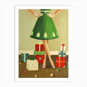 Girl In Green Dress With Christmas Presents Art Print