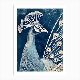 Blue Linocut Inspired Peacock Portrait 1 Art Print