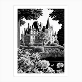 Château De Chenonceau Gardens, 1, France Linocut Black And White Vintage Art Print