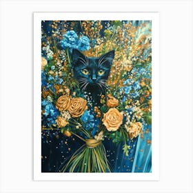 Black Cat With Flowers Art Print