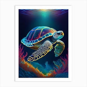 Sea Turtle In Deep Ocean, Sea Turtle Primary Colours 1 Art Print